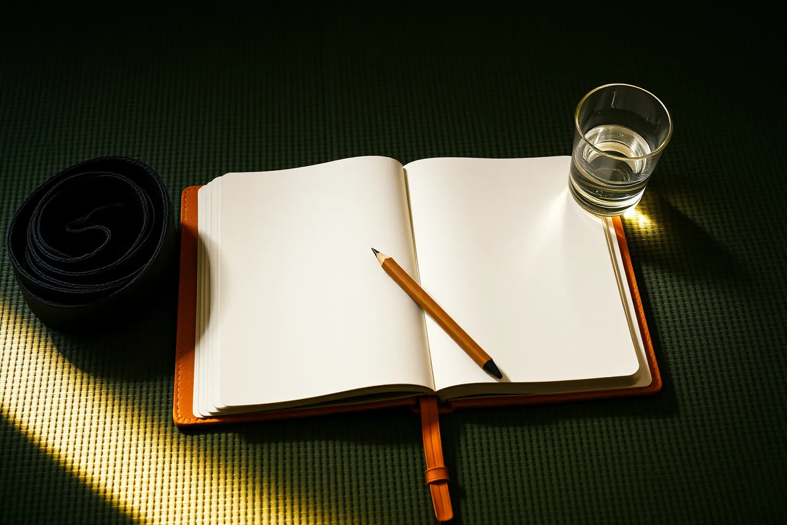 Un carnet ouvert et un crayon posés sur un tatami vert, près d'un verre d'eau et d'une ceinture noire enroulée.
