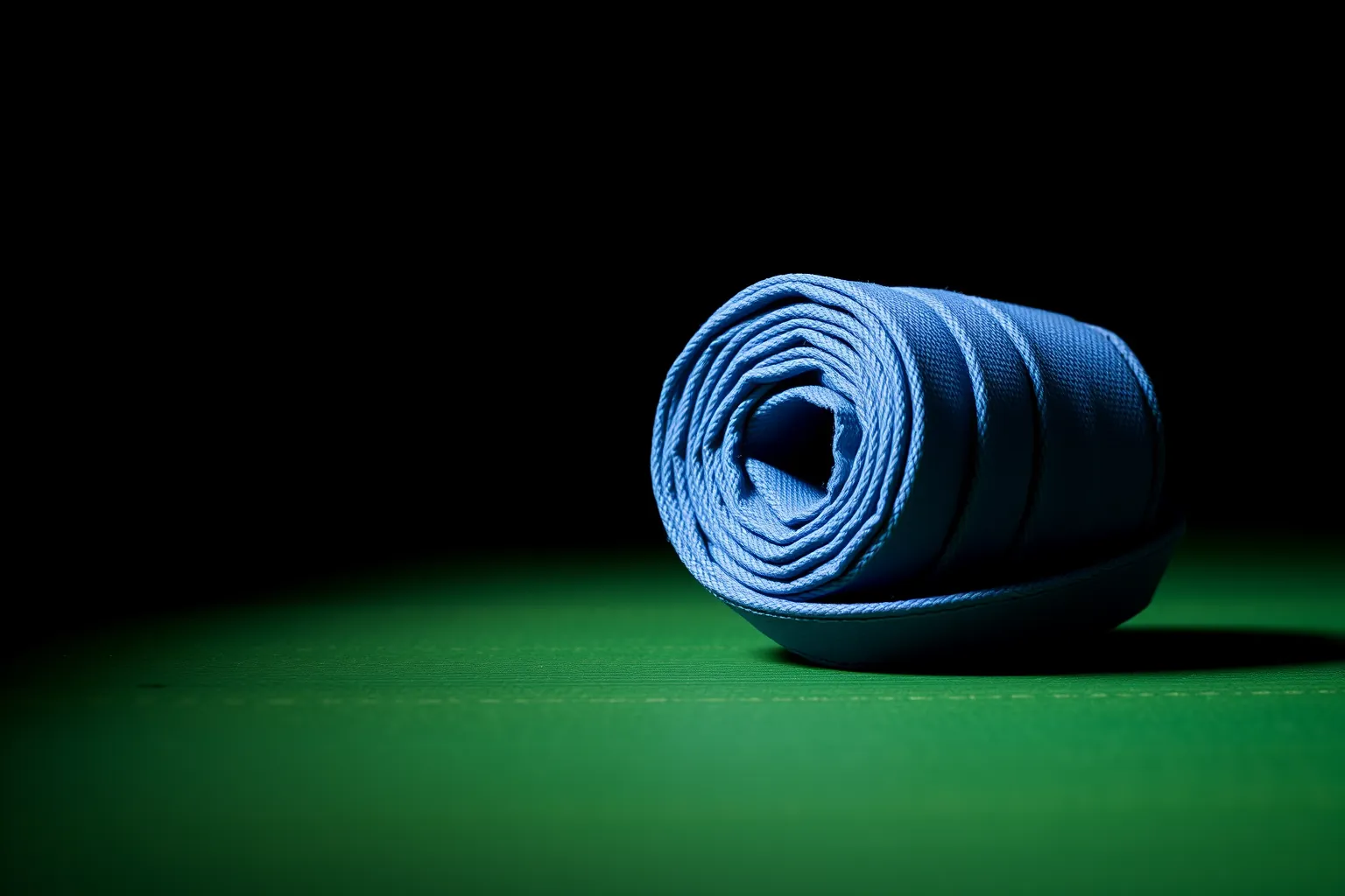 Une ceinture de judo bleue roulée sur elle-même, posée sur un tatami vert.
