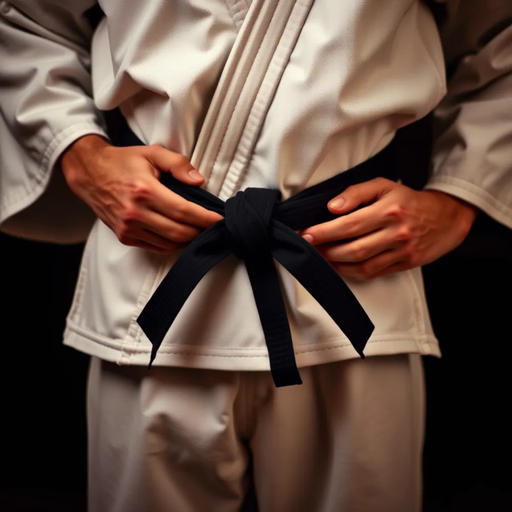 Gros plan de mains nouant une ceinture noire sur un judogi blanc.