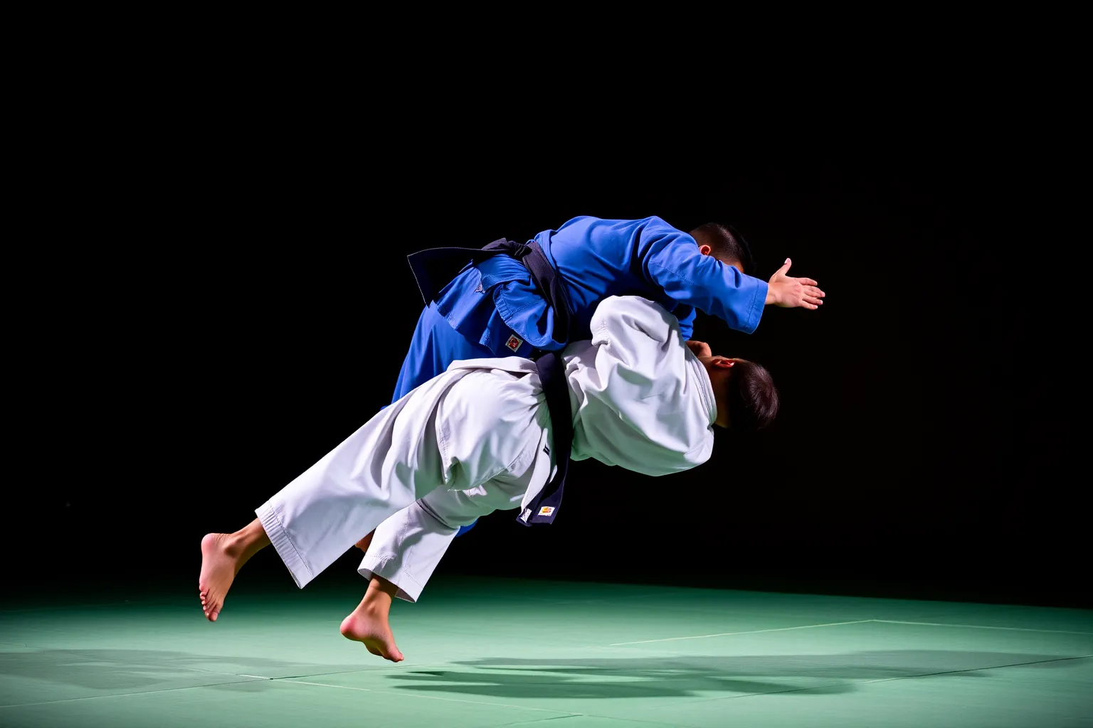 Un judoka en judogi bleu projette par-dessus la hanche un adversaire en judogi blanc, au-dessus d'un tatami vert.