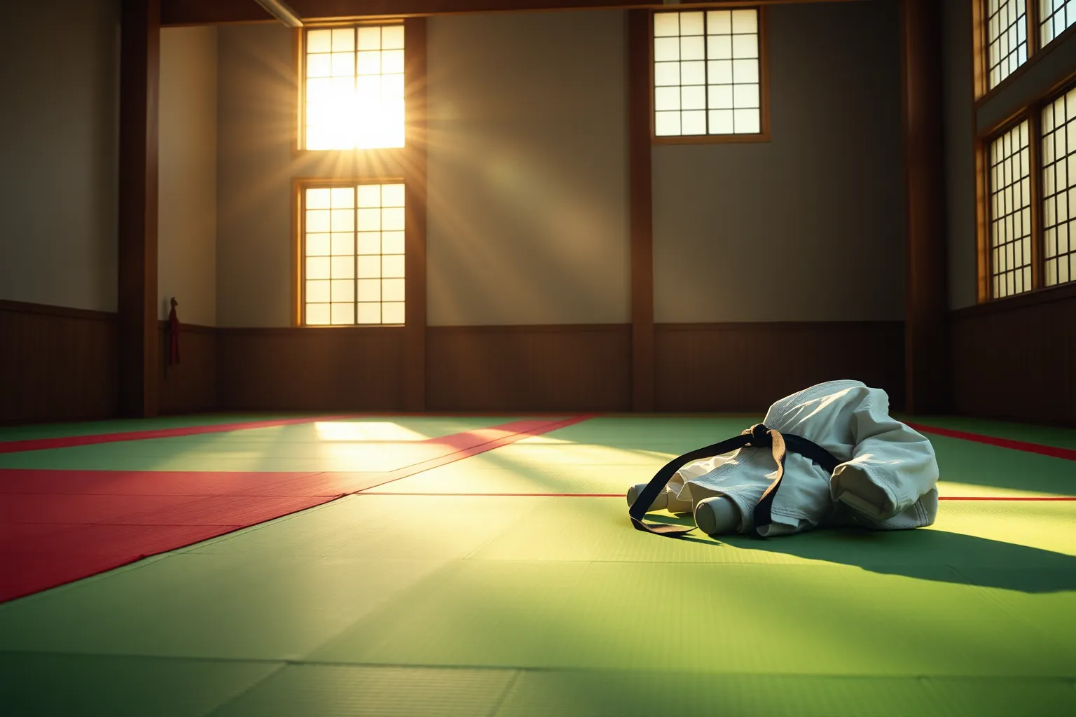 Un dojo de judo vide au petit matin, un judogi blanc et sa ceinture noire posés sur les tatamis verts.