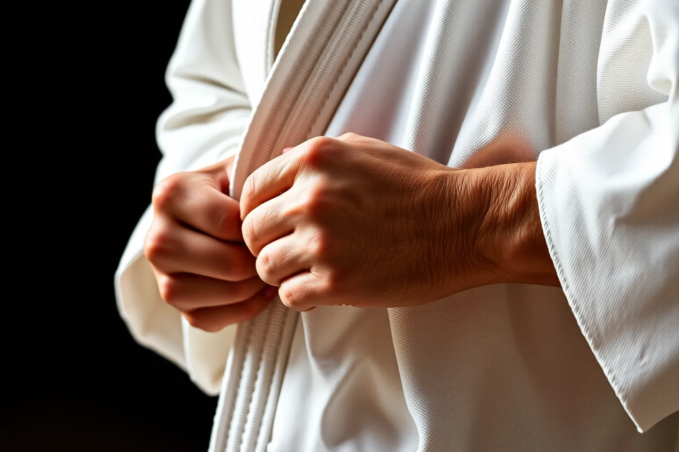 Gros plan de deux mains saisissant le revers épais d'un judogi blanc.