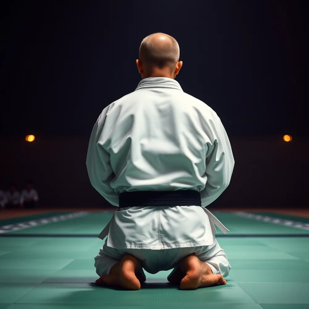 Un judoka agenouillé en seiza, vu de dos, sur le tatami vert d'une salle sombre.